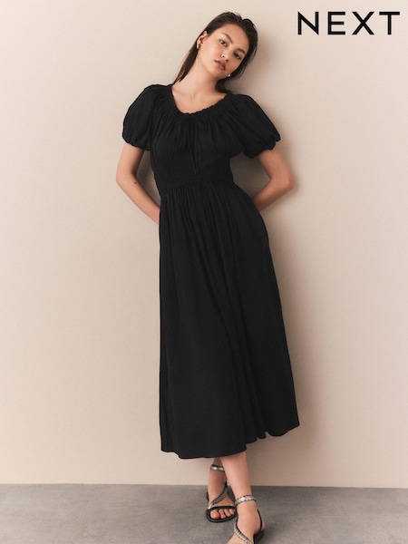 Black Puff Sleeve Seersucker Midi Summer Dress (AP2251) | $76
