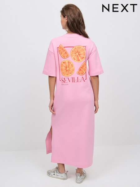 Pink City Fruit Graphic Short Sleeve Crew Neck Jersey Back Graphic Midi Dress (AP2252) | 144 QAR