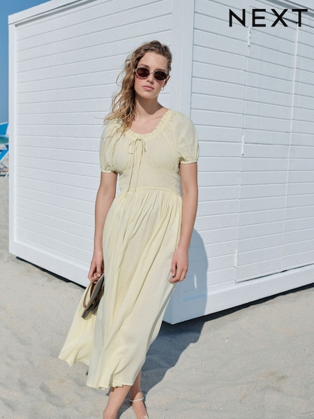 Lemon Yellow Puff Sleeve Seersucker Midi Summer Dress (AP2255) | AED206