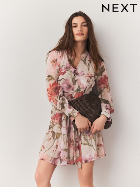 Red Floral Print - Mini Long Sleeve Tie Dress (AP2259) | € 34