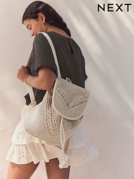 Valkoinen - 100% Cotton Macrame Beaded Rucksack (AP2436) | €67