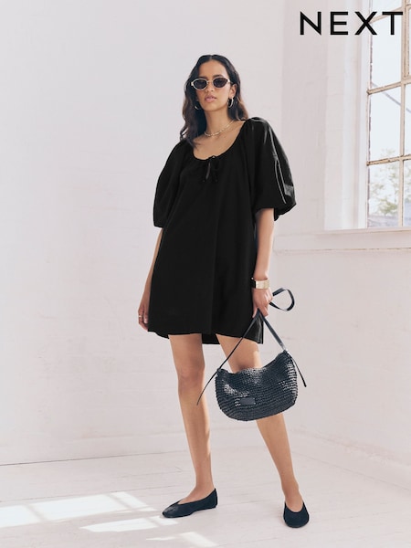 Black 100% Cotton Puff Sleeve Tie Front Mini Dress (AP2524) | €37