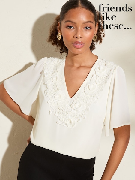 Friends Like These Ivory Short Angel Sleeve 3D Floral Print Blouse (AP2727) | €52
