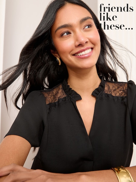 Friends Like These Black Short Sleeve Lace Notch Neck Blouse (AP2797) | ₪151