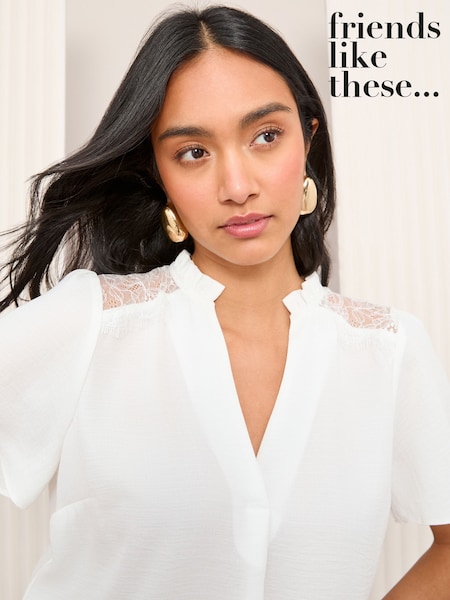 Friends Like These Ivory Short Sleeve Lace Notch Neck Blouse (AP2799) | ₪151