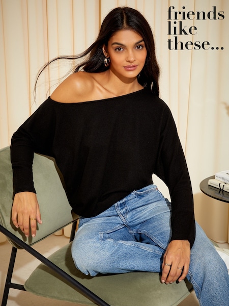 Friends Like These Black Soft Jersey Long Sleeve Slash Neck Tunic (AP2803) | OMR12