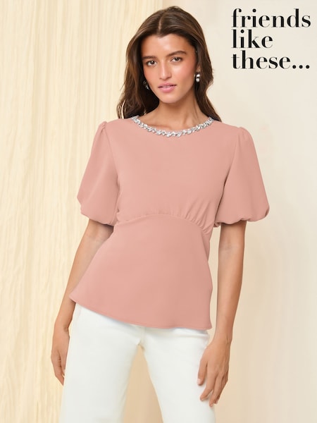 Friends Like These Pink Puff Sleeve Embellished Neck Trim Blouse (AP2826) | ₪176