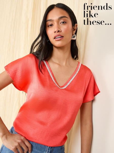 Roz - Friends Like These V-Neck Diamante Trim Short Sleeve Blouse (AP2966) | 238 LEI