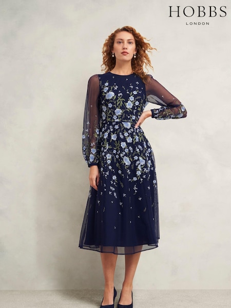 Hobbs Blue Lois Embroidered Dress (AP3972) | €305