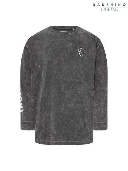 BadRhino Big & Tall Grey Ironrhino Long Sleeve Acid Wash 100% Cotton T-Shirt (AP3978) | 223 QAR