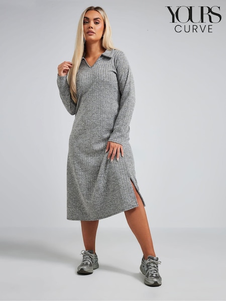 Yours Curve Grey Limited Collection Ribbed Collar Midi Dress (AP3989) | €43
