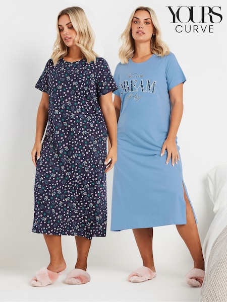 Yours Curve Blue Let Me Dream All Day Midaxi 100% Cotton Nighties 2 Pack (AP4000) | €60