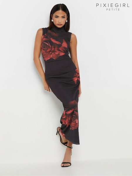PixieGirl Petite Black Rose Print Floral Mesh Dress (AP4060) | €57