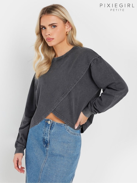 אפור - PixieGirl Petite Acid Wash Cross Over 100% Cotton Sweatshirt (AP4097) | ‏146‏₪