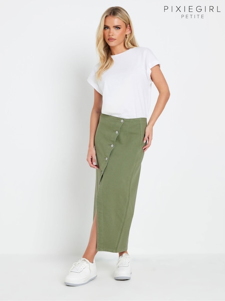 ירוק - PixieGirl Petite Asymetric Button 100% Cotton Skirt (AP4109) | ‏171‏₪