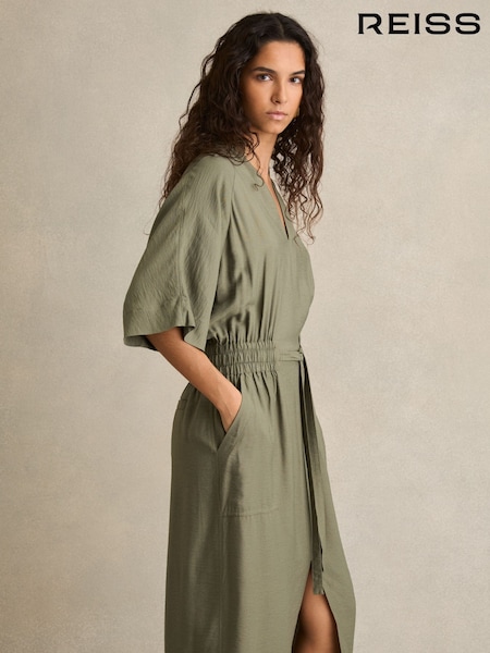 Reiss Khaki Cecilia Petite Shirred-Waist Midi Shirt Dress (AP4313) | €195