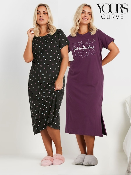 Yours Curve Purple Look To The Stars Midaxi 100% Cotton Nighties 2 Pack (AP4415) | AED227