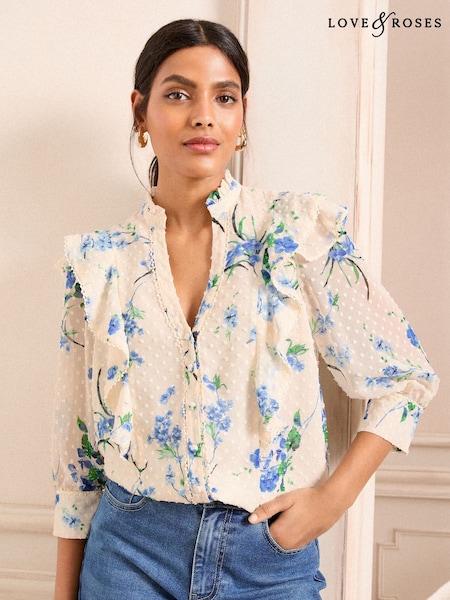 Love & Roses White/Ecru Floral Petite Dobby 3/4 Sleeve Blouse (AP4476) | €53