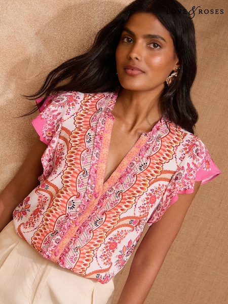Love & Roses V-Neck Frill Sleeve Blouse (AP4481) | 283 LEI
