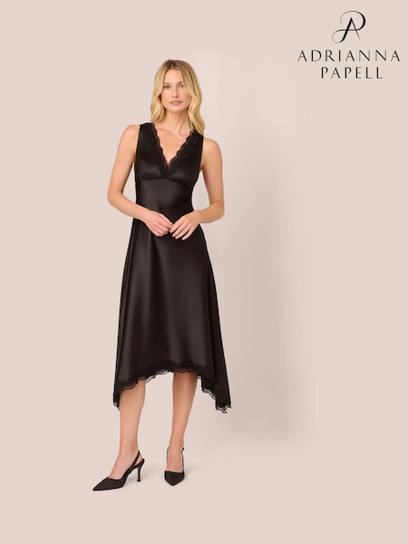 Adrianna By Adrianna Papell Satin Lace Midi Black Dress (AP4528) | €164