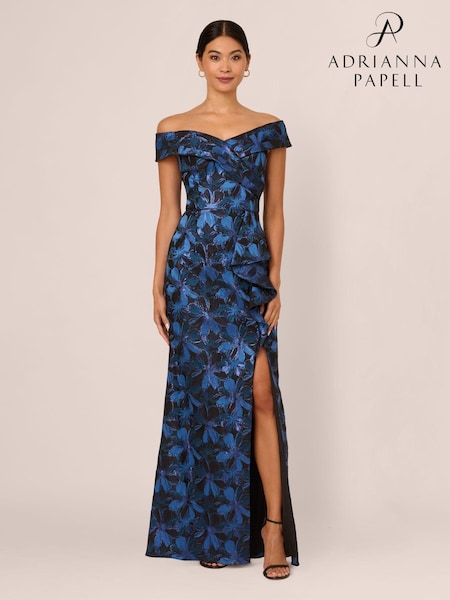 Adrianna Papell Blue Off Shoulder Jacquard Gown (AP4534) | 2,152 LEI