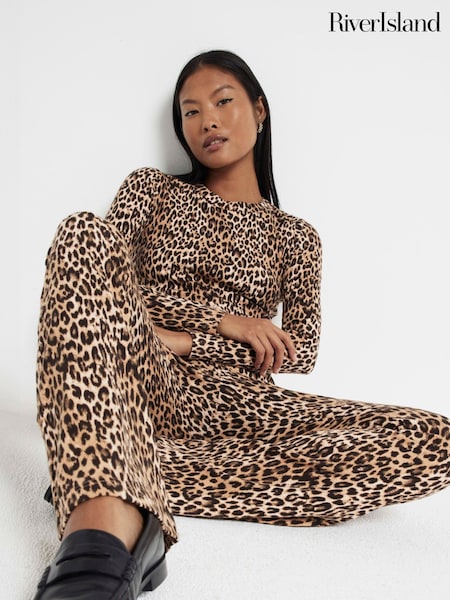 River Island Petite Leopard 2 Piece Animal Ribbed T-Shirt and Flare Leggings Set (AP4564) | 2,403 UAH