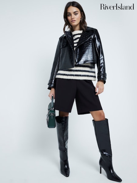 River Island Black Faux Leather Crop Trench Coat (AP4574) | €77