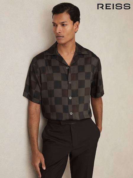 Reiss Brown Reny Chequered-Print Cuban-Collar Shirt (AP4612) | €142
