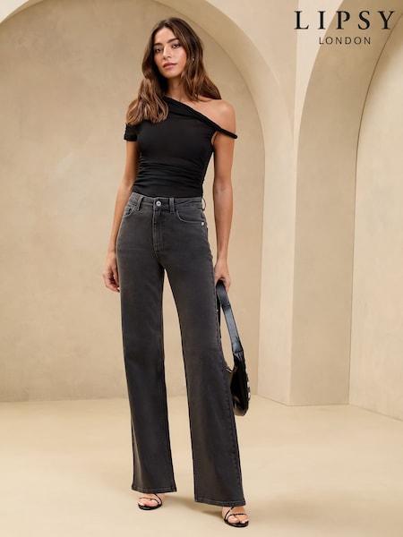 Lipsy Washed Black Petite Mid Rise Wide Leg Jeans (AP5024) | kr714
