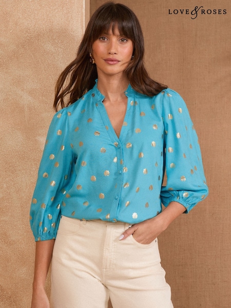 Love & Roses Blue Shell Pie Crust Detail 3/4 Sleeve Blouse (AP5059) | €48