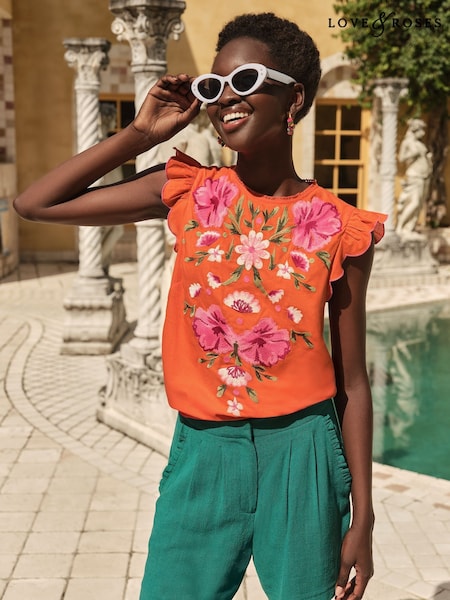 Portocaliu - Love & Roses Crew Neck Short Sleeve Embroidered Top (AP5063) | 290 LEI