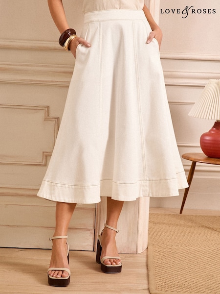 Love & Roses Ecru Denim Fit and Flare Midi Skirt (AP5097) | €56