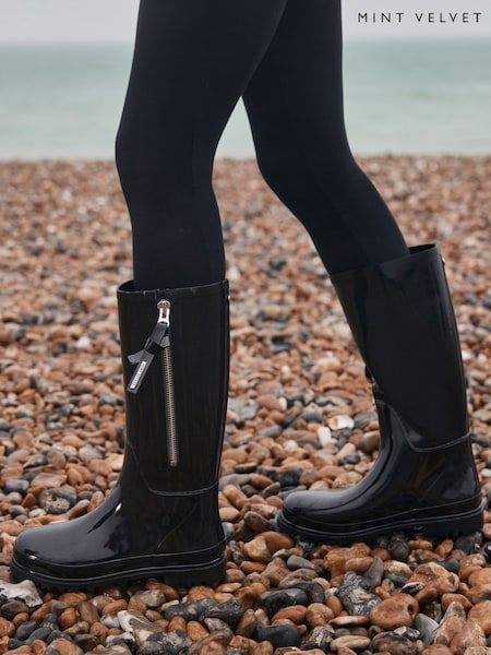 Mint Velvet Black Patent Knee High Wellies (AP5127) | $153