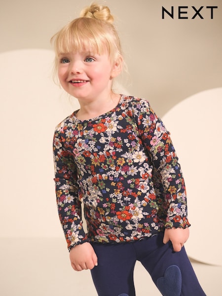 Navy Floral Rib Long Sleeve T-Shirt (3mths-7yrs) (AP5304) | €7 - €8.50