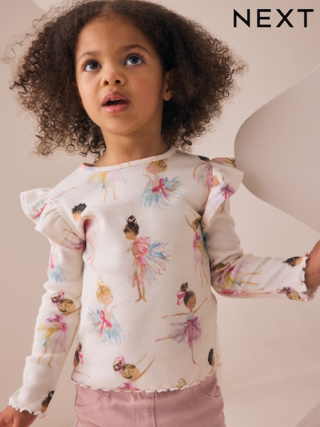 Ecru Ribbed Long Sleeve Frill T-Shirt (3mths-7yrs) (AP5306) | €7 - €8.50