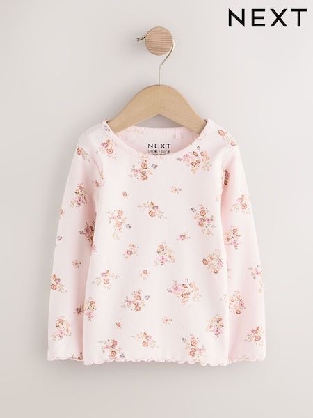 Ecru & Pink Ditsy Floral Rib Long Sleeve T-Shirt (3mths-7yrs) (AP5311) | €7 - €8.50