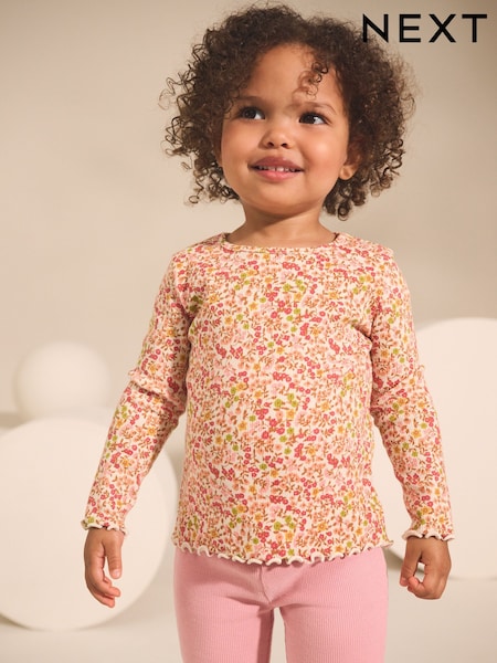 Orange Ditsy Floral Ribbed Long Sleeve Frill T-Shirt (3mths-7yrs) (AP5317) | €7.50 - €10
