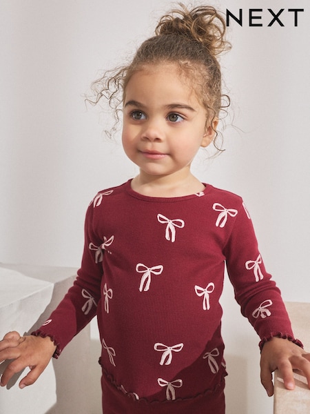 Burgundy Red Bow Rib Long Sleeve T-Shirt (3mths-7yrs) (AP5318) | €7 - €10