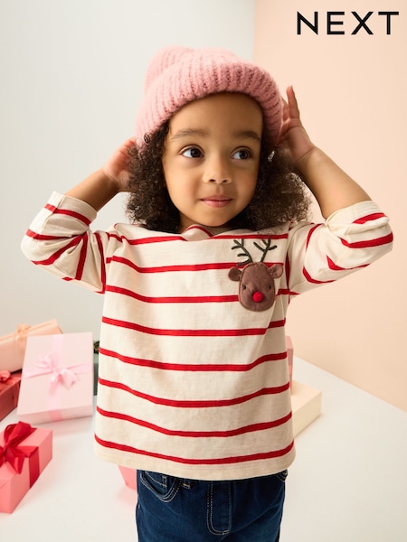 Red Stripe Reindeer and Santa Print Appliqué Long Sleeve Top (3mths-7yrs) (AP5472) | €10 - €13