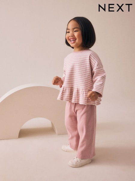 Pink Ribbed Long Sleeve Top and Wide Leg Trousers Set (3mths-7yrs) (AP5612) | €17.50 - €22.50