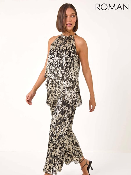 Roman Metallic Abstract Foil Print Plisse Jumpsuit (AP5728) | 386 QAR