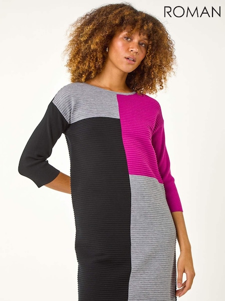 Vaaleanpunainen - Roman Colour Block Ribbed Knit Dress (AP5732) | €91