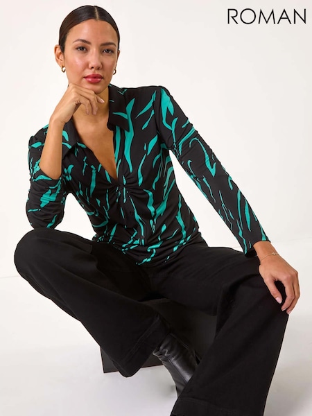 Roman Blue Abstract Linear Print Stretch Blouse (AP5742) | AED306