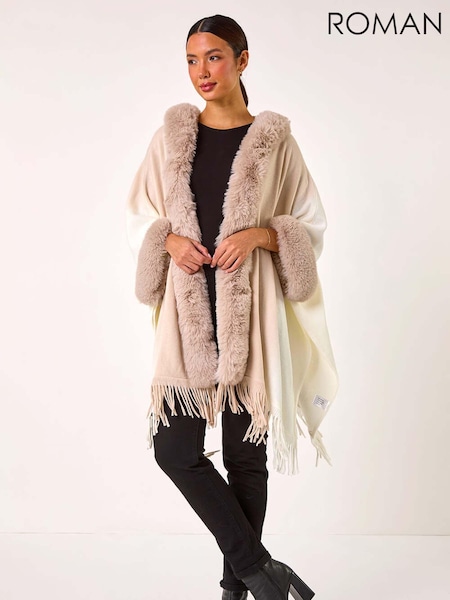 Roman Natural Faux Fur Fringe Hem Poncho (AP5752) | 287 QAR