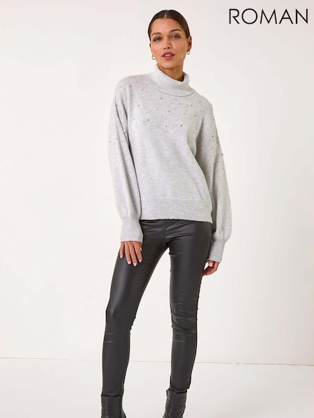 Roman Grey Faux Fur Pearl Roll Neck Knit Jumper (AP5760) | €60