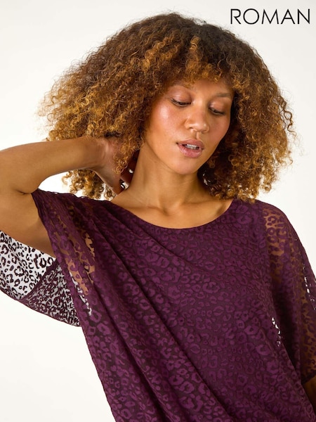 Roman Animal Print Burnout Mesh Bubble Hem Top (AP5761) | 313 LEI