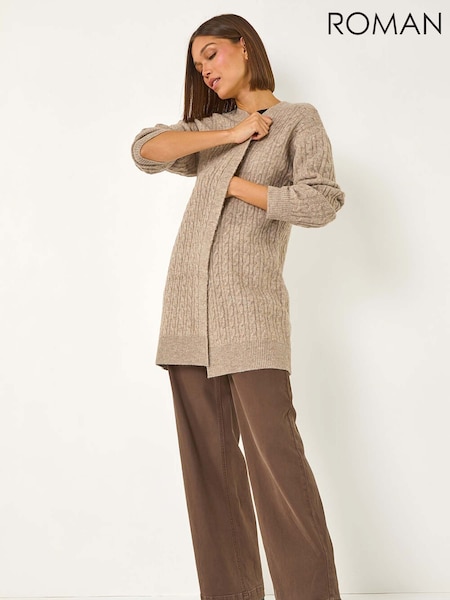 Natural - Roman Cable Knit Longline Cardigan (AP5764) | 64 €