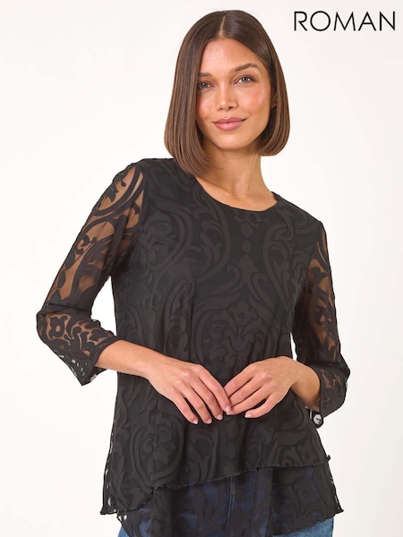 Roman Black Burnout Print Asymmetric Stretch Top (AP5774) | $90
