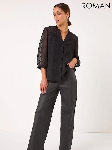 Roman Black Dobby Lace Front Pleated Blouse (AP5786) | €59