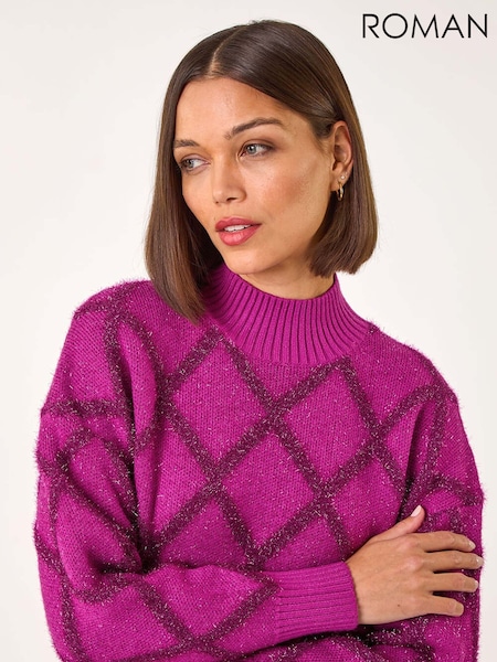 Roman Pink Diamond Print Tinsel High Neck Jumper (AP5791) | €68